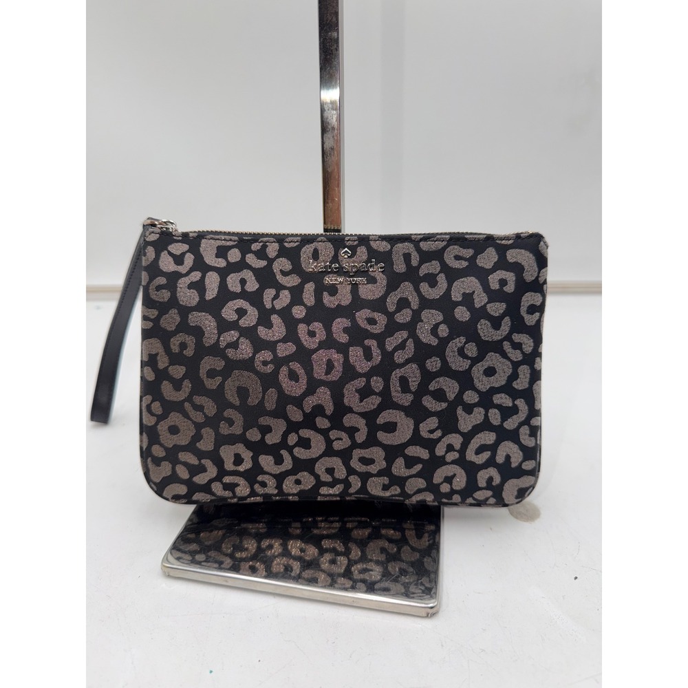 Kate Spade New York Black Metallic Silver Leopard Print Wristlet Pouch Bag